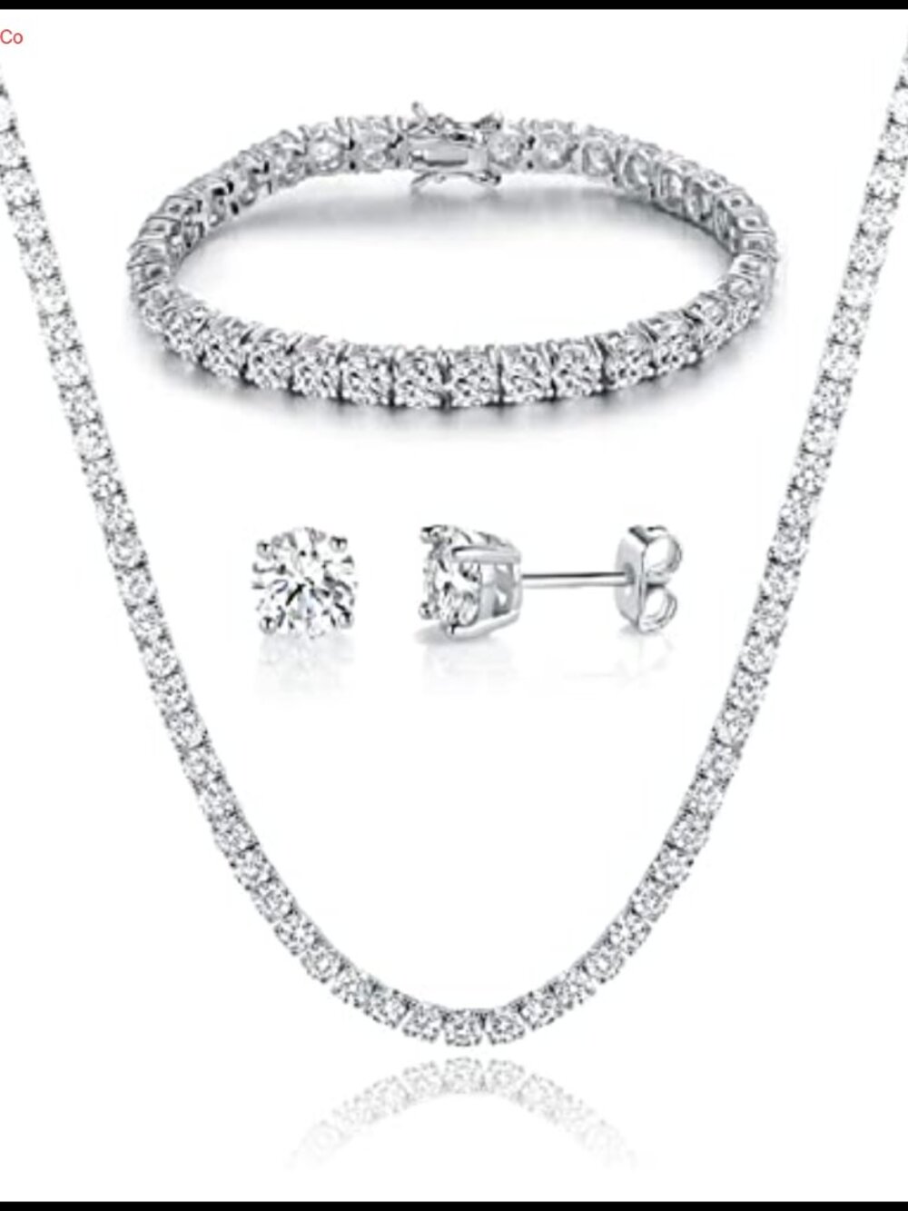 18K White Gold Plated Tennis Necklace Bracelet Earrings Set 3pc Cubic Zirconia